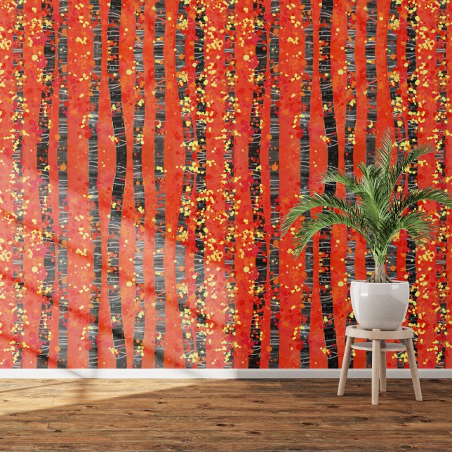 Birch Aspen Tree Forest Red Art Wallpaper (Aspen birch tree forest abstract landscape art patterned red wallpaper)