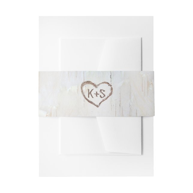 Birch Bark Carved Heart Rustic Wedding Invitation Belly Band (Front Example)