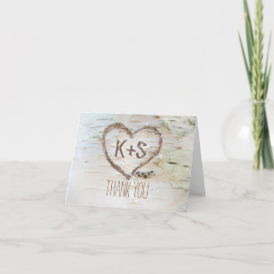 birch bark carved heart wedding thank you card