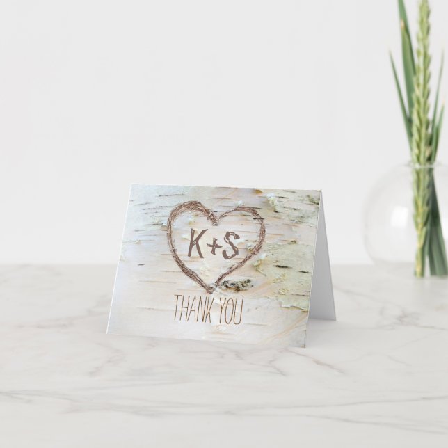 birch bark carved heart wedding thank you card (Front)