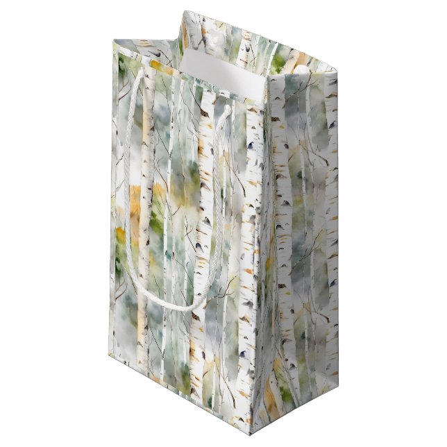 Birch bark green watercolor  small gift bag (Front Angled)