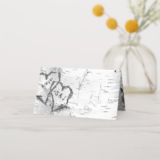 Birch Bark Initials in Heart Tented Place Cards (Front)