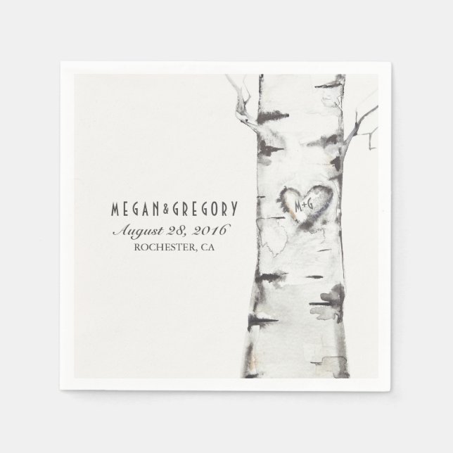 Birch Carved Heart Rustic Wedding Napkin (Front)