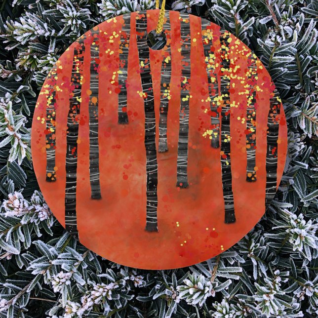 Birch Forest Red Ceramic Tree Decoration (Birch aspen tree forest art red ceramic Christmas ornament)