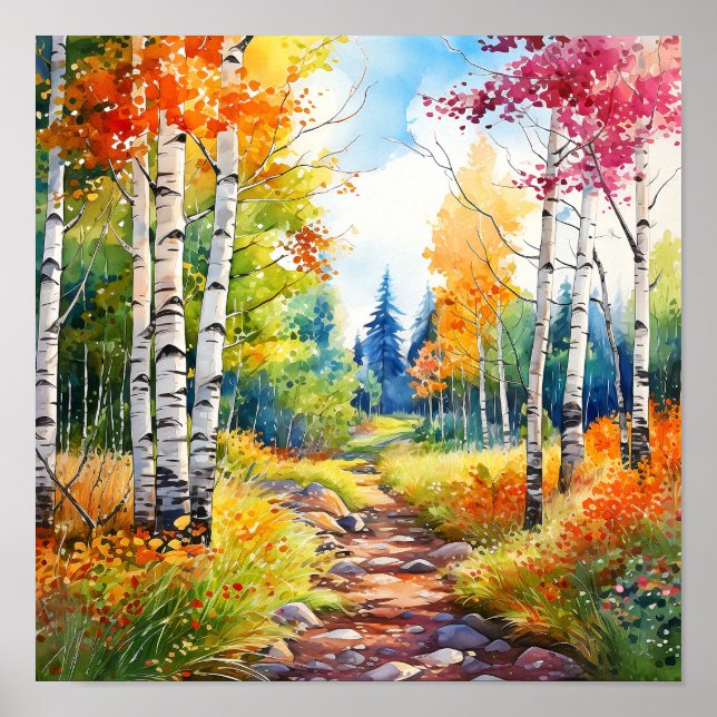 Birch Forest Vivid Colours Painting Poster (Front)