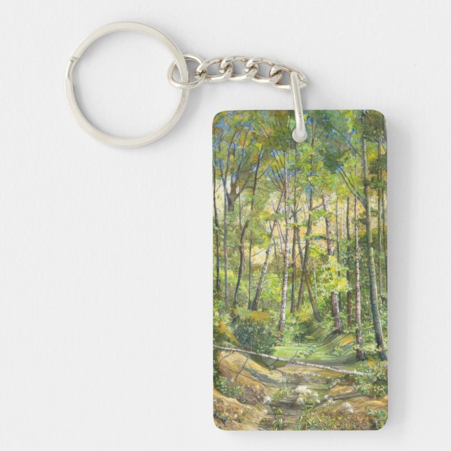 Birch grove painting  watercolor on silk key ring (Front)