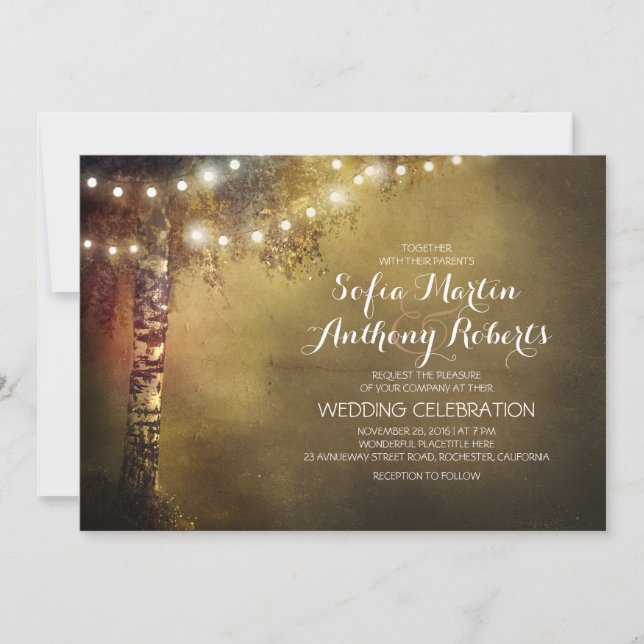 birch tree and string lights wedding invitation (Front)
