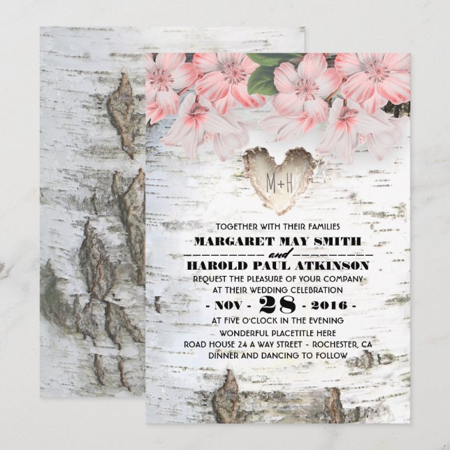 Birch Tree Bark Heart Rustic Country Wedding Invitation (Front/Back)