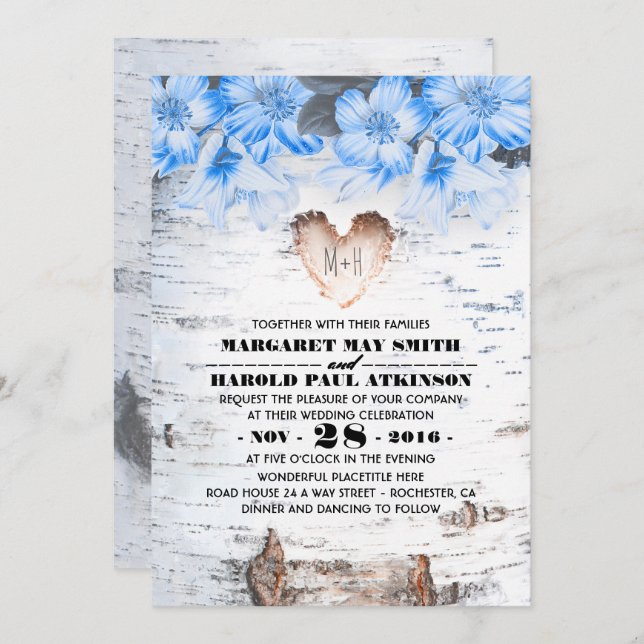 Birch Tree Bark Heart Rustic Country Wedding Invitation (Front/Back)