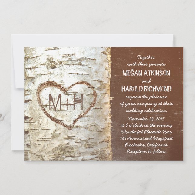 Birch tree bark heart rustic wedding invitations (Front)