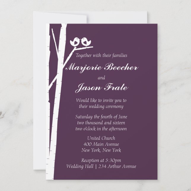 Birch Tree Birds Wedding Invitation - Violet Plum (Front)