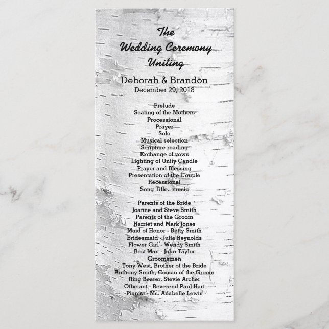Birch Tree Black and White Tall Wedding Program Programme (Front)