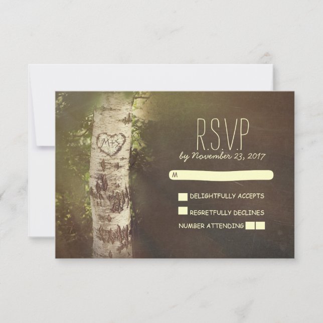 Birch tree country rustic wedding RSVP cards (Front)