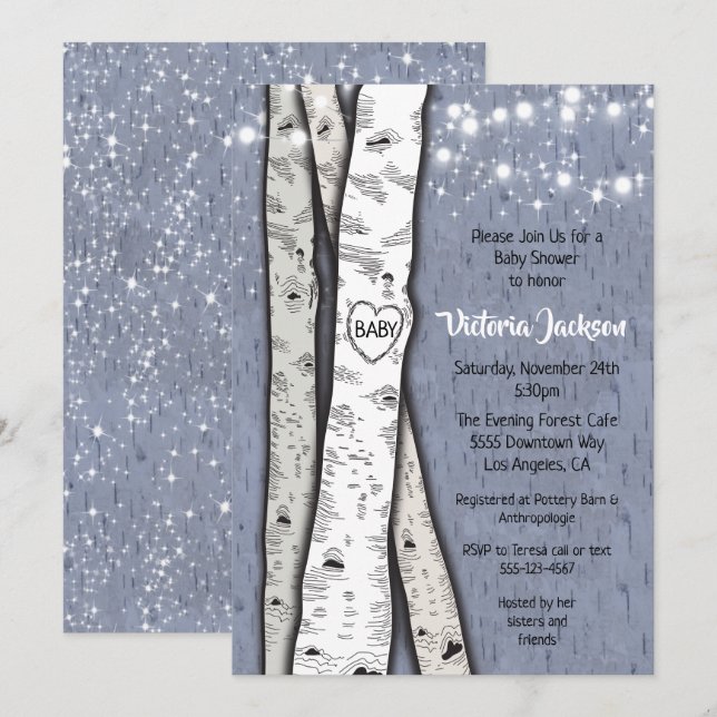 Birch Tree Evening Twinkle Lights Baby Shower Invitation (Front/Back)
