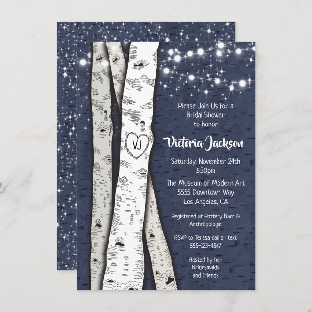 Birch Tree Evening Twinkle Lights Bridal Shower Invitation (Front/Back)