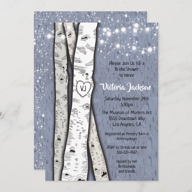 Birch Tree Evening Twinkle Lights Bridal Shower Invitation (Front/Back)