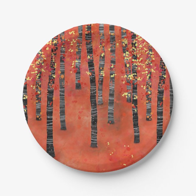 Birch Tree Forest Red Paper Plate (Front)