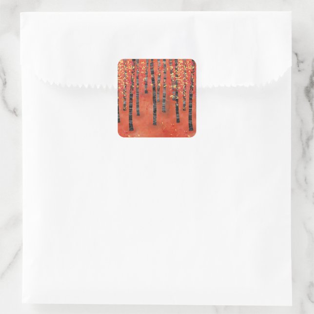 Birch Tree Forest Red Square Sticker (Bag)