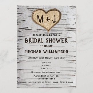 Birch tree heart initials bridal shower invitation