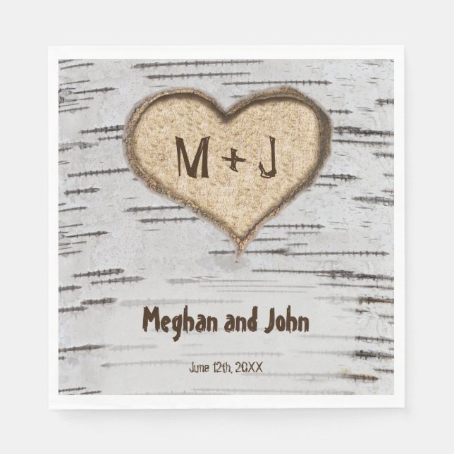 Birch tree heart initials outdoor rustic wedding napkin (Front)