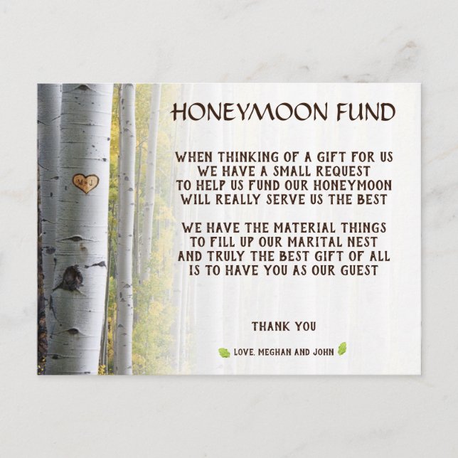 Birch tree heart initials rustic honeymoon fund invitation postcard (Front)