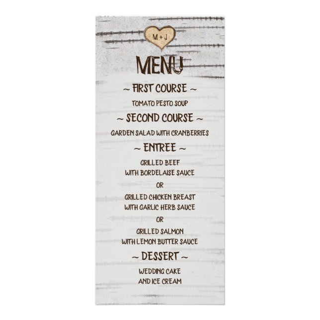 Birch tree heart initials rustic wedding food menu (Front)
