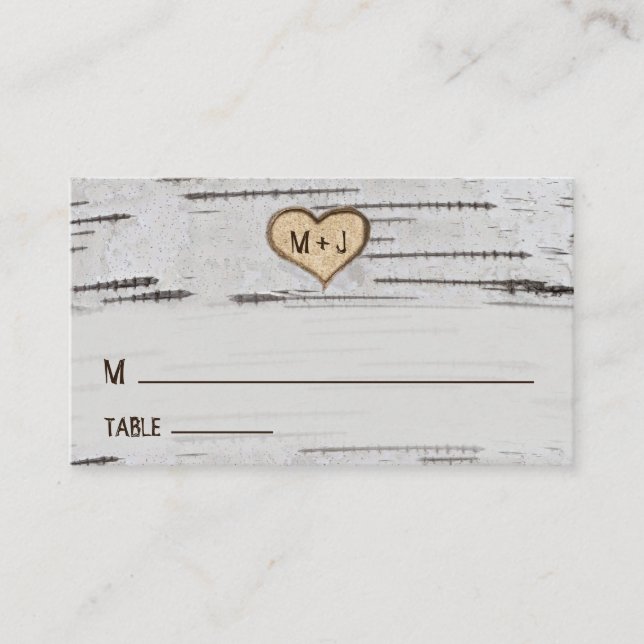 Birch tree heart initials rustic wedding place card (Front)