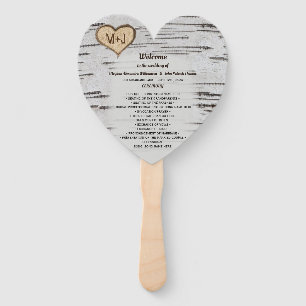 Birch tree heart initials rustic wedding program hand fan