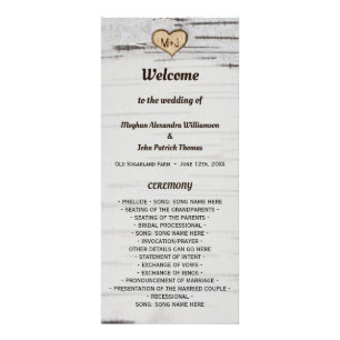 Birch tree heart initials rustic wedding program rack card