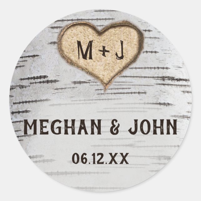 Birch tree heart initials rustic wedding sticker (Front)