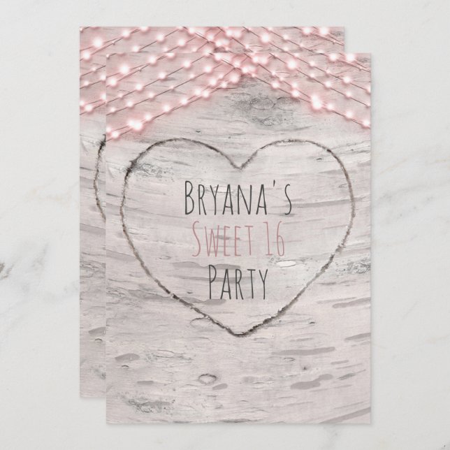 Birch Tree Heart & Pink Lights Sweet 16 Invitation (Front/Back)