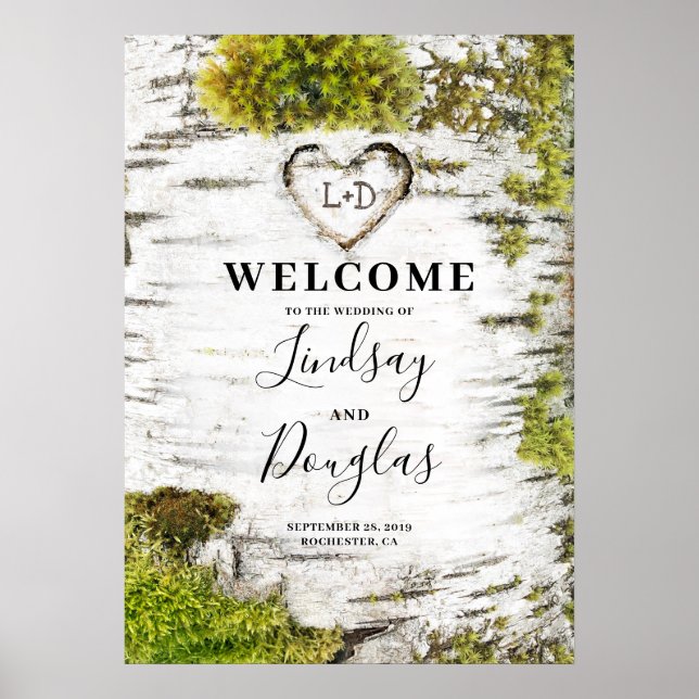 Birch Tree Heart Rustic Fall Wedding Welcome Poster (Front)