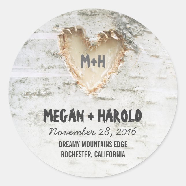 Birch Tree Heart Rustic Wedding Classic Round Sticker (Front)