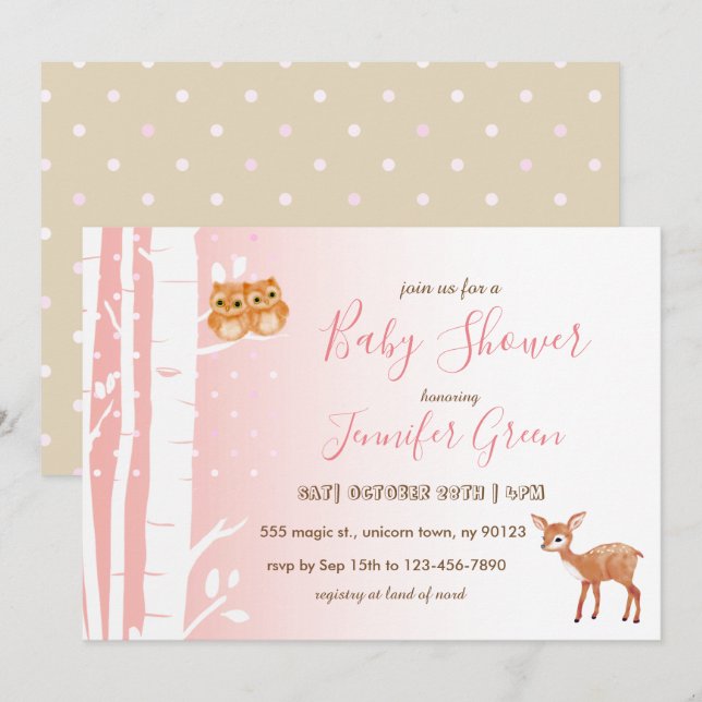 Birch Tree Owl Deer Baby Shower Invitations (Front/Back)