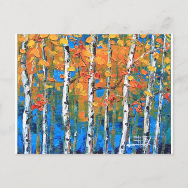 Birch Tree Painting, Blue Birch, Fall textured Art Postcard (Front)
