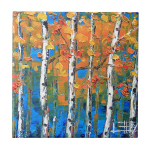 Birch Tree Painting, Blue Birch, Fall textured Art Tile