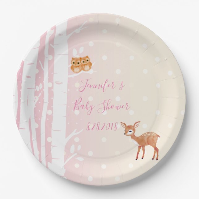 Birch Tree Pink Vanilla Party Paper Plates (Front)