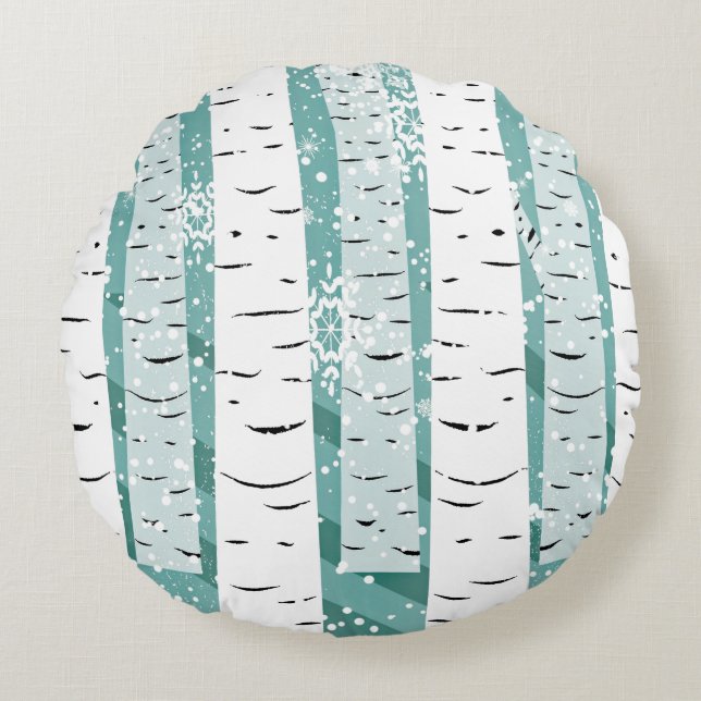 Birch tree snowflake winter woodland striped teal round cushion (Front)