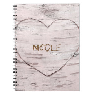 Birch Tree Wood & Heart Rustic Personalised Spiral Notebook