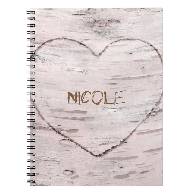 Birch Tree Wood & Heart Rustic Personalised Spiral Notebook (Front)