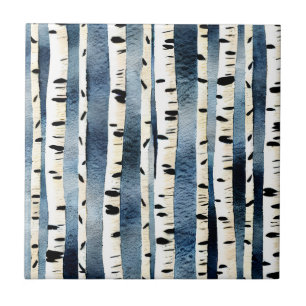 Birch trees blue white black seamless pattern chic tile