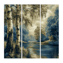 Birch Trees by the Riverside, Stylised Landscape