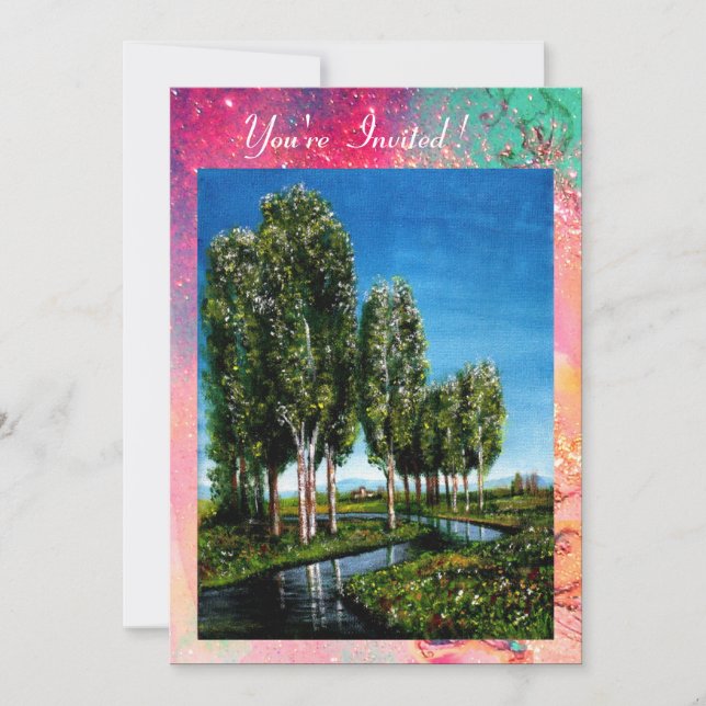 BIRCH TREES IN TUSCANY,green pink gold sparkles Invitation (Front)