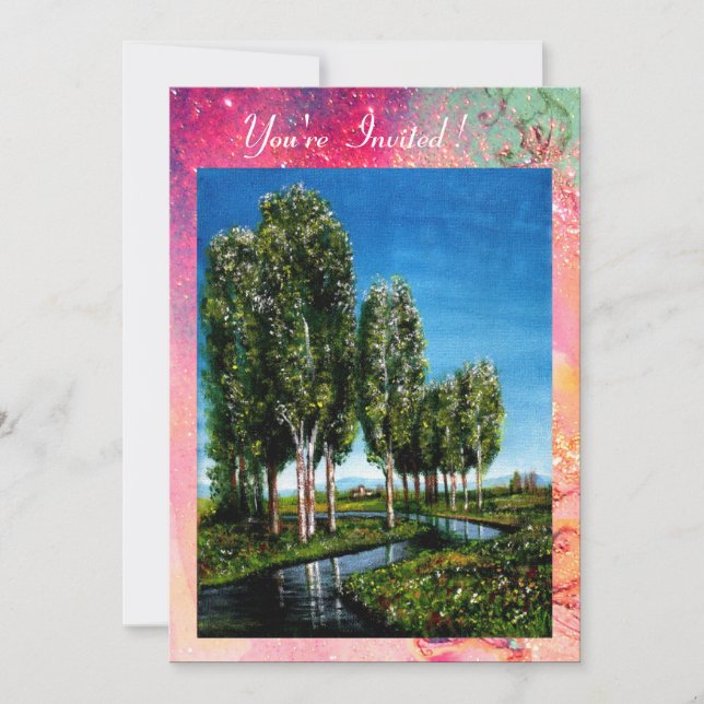 BIRCH TREES IN TUSCANY,green pink gold sparkles Invitation (Front)