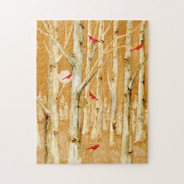 Birch Trees Red Cardinals Art Jigsaw Puzzle (Vertical)