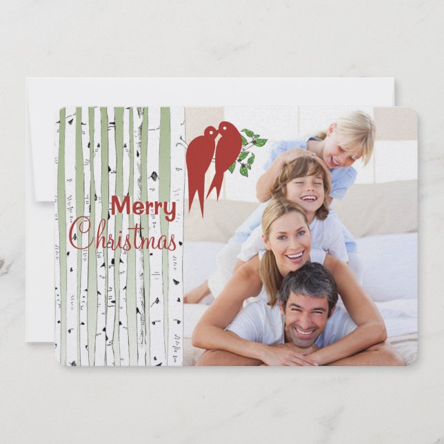 Birch Trees Red Love Birds Merry Christmas Holiday Card (Front)