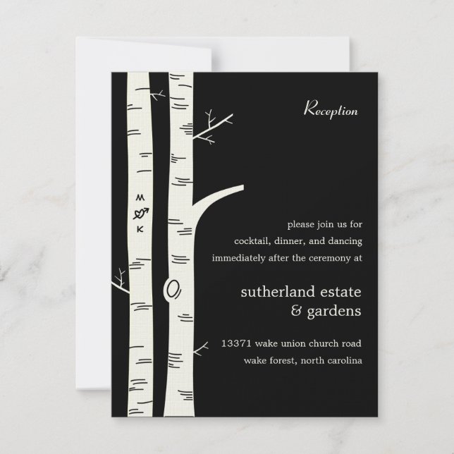 Birch Trees Wedding Reception Card - Black (Front)