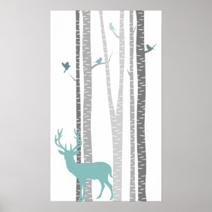 Birch Trees with Deer Poster