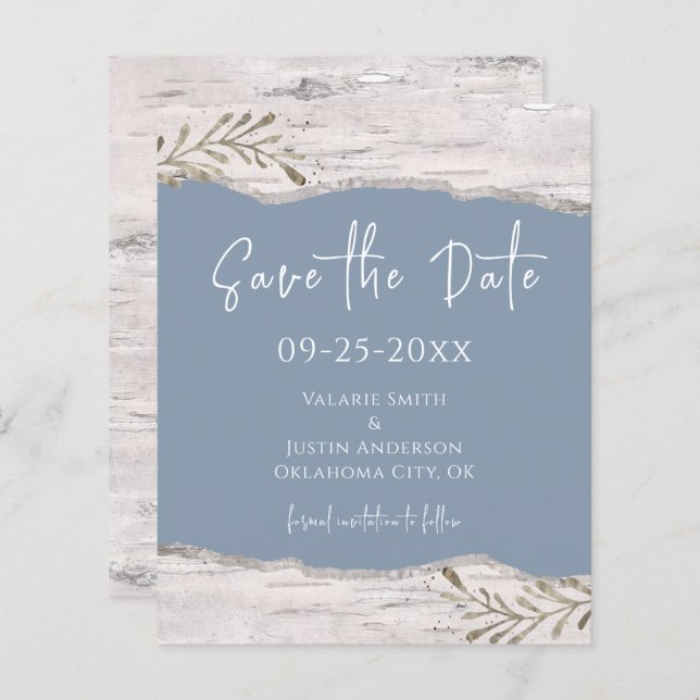 Birch Wood Dust Blue Wedding Save the Date (Front/Back)