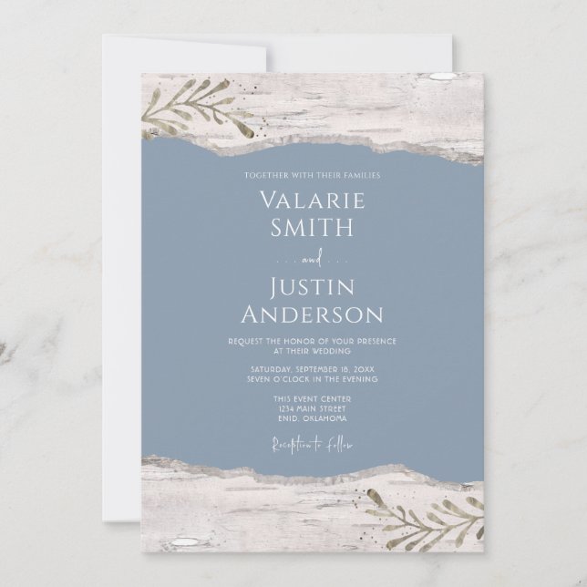 Birch Wood Dusty Blue Wedding  Invitation (Front)